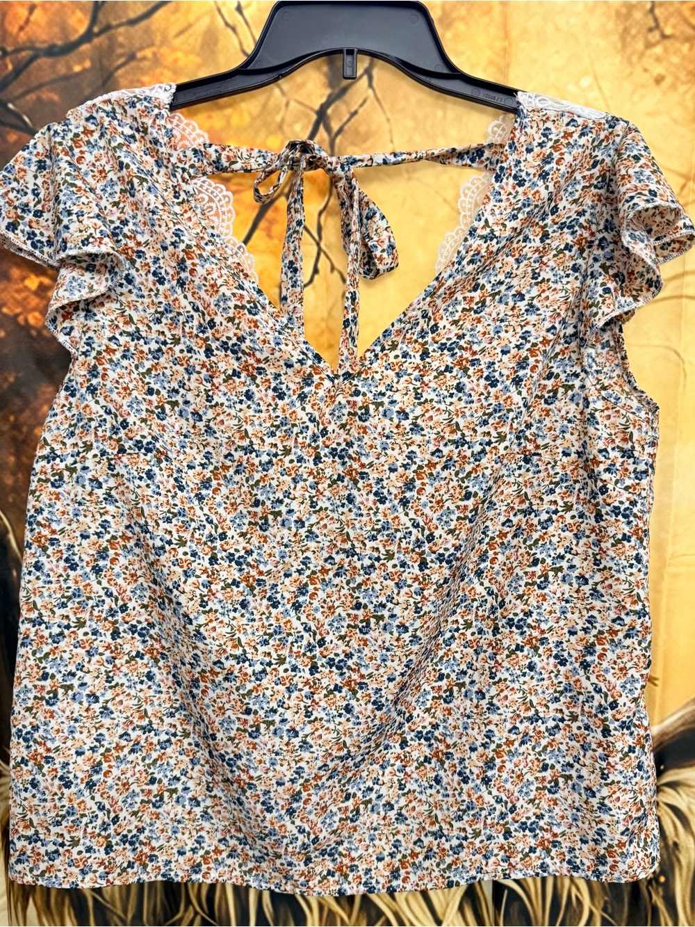 SHEIN Blue & Brown Floral Tie-Back Ruffle Sleeve Top